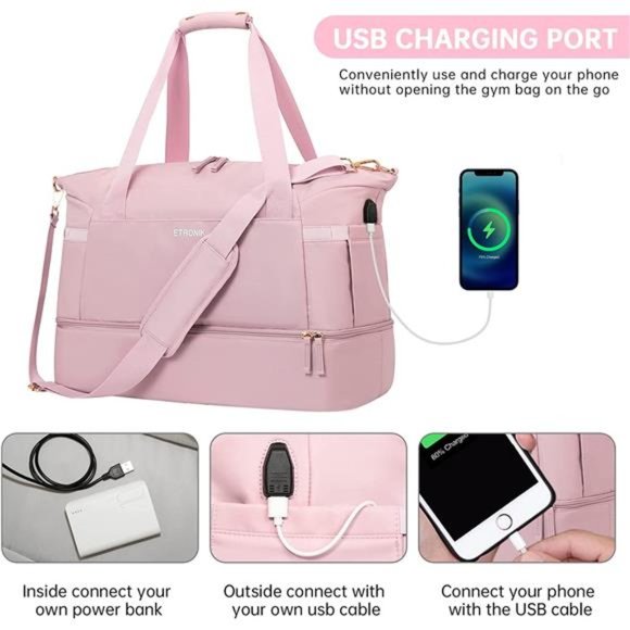 Gym Bag for Women Sports Travel Duffel w/ USB Charging Port Weekender Overnight - Picture 7 of 7